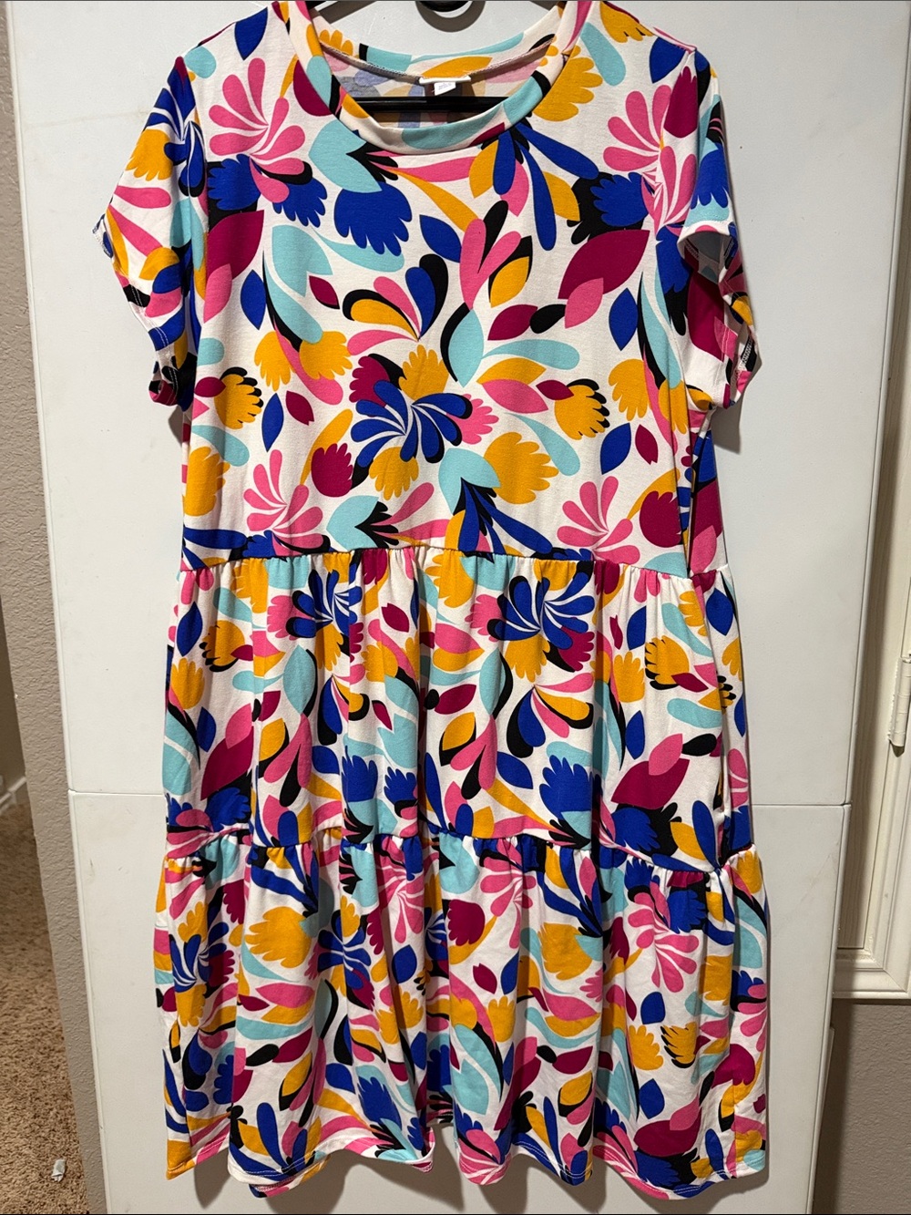 LuLaRoe Ariel Jersey Bright Floral Tiered Midi Dress - White, Pink, Blue, Yellow